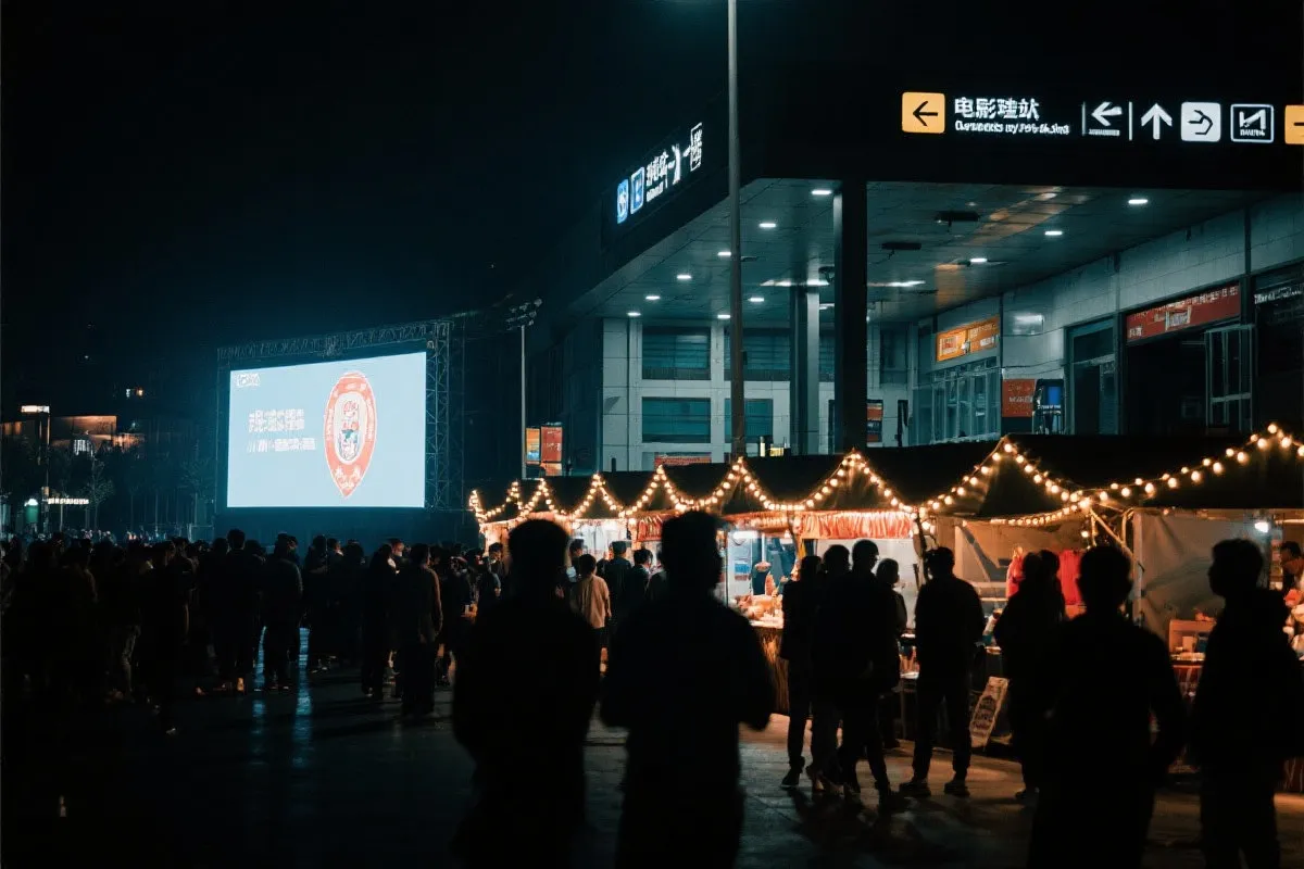 费城球迷广场夜景：大屏观赛人群、步行指示牌与公共交通入口