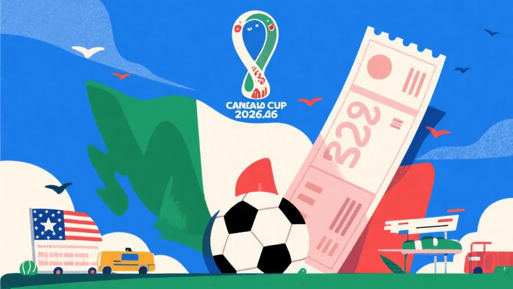 2026年美加墨世界杯概念图，包含足球与高昂旅行账单元素